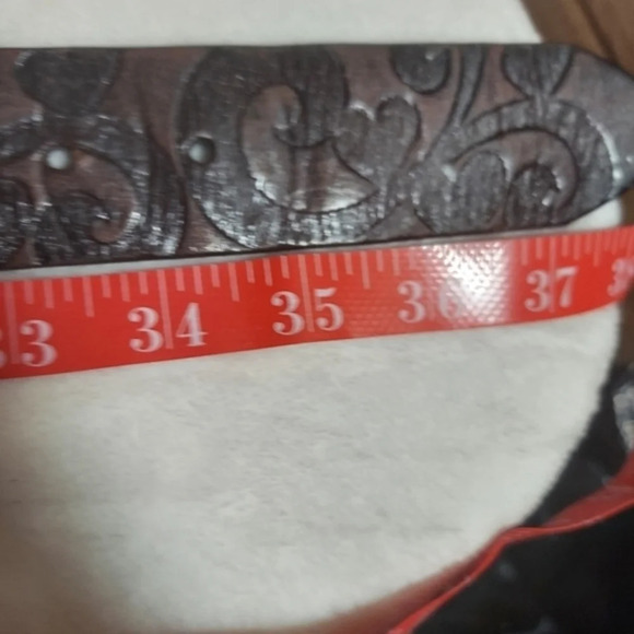 Brighton Dark Brown Handtooled Leather Belt with Silver Heart Oval Buckle - Picture 13 of 15